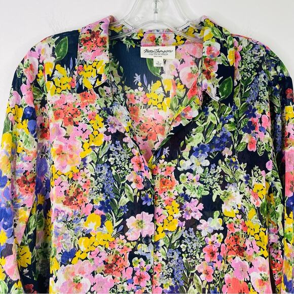 Vintage blue pink green floral garden button front chiffon top large - Picture 2 of 8